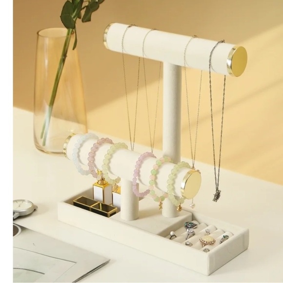 Cream Linen and Gold a2-tier jewelry display stand With Ring Holders - Picture 1 of 12